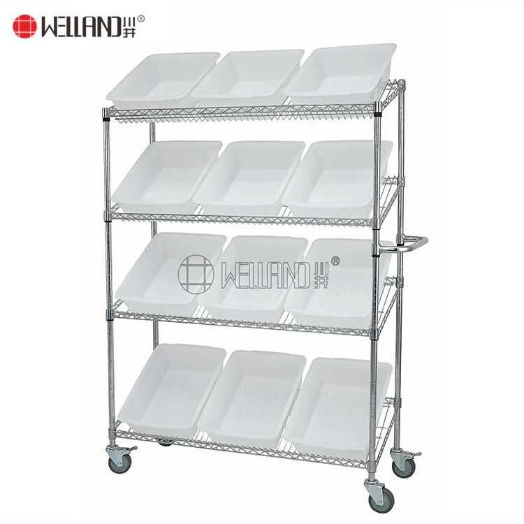 Utility Commercial Kitchen Slanted Order Picking Shelving Cart Trolley, NSF Wire Shelf Bin Organizers