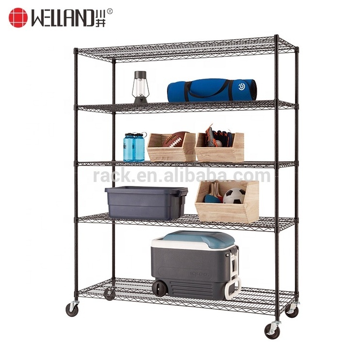 High Quality Movable 5 Tiers Black Garage Wire Shelf Metal Shelving Unit Heavy Duty Rack With Wheels