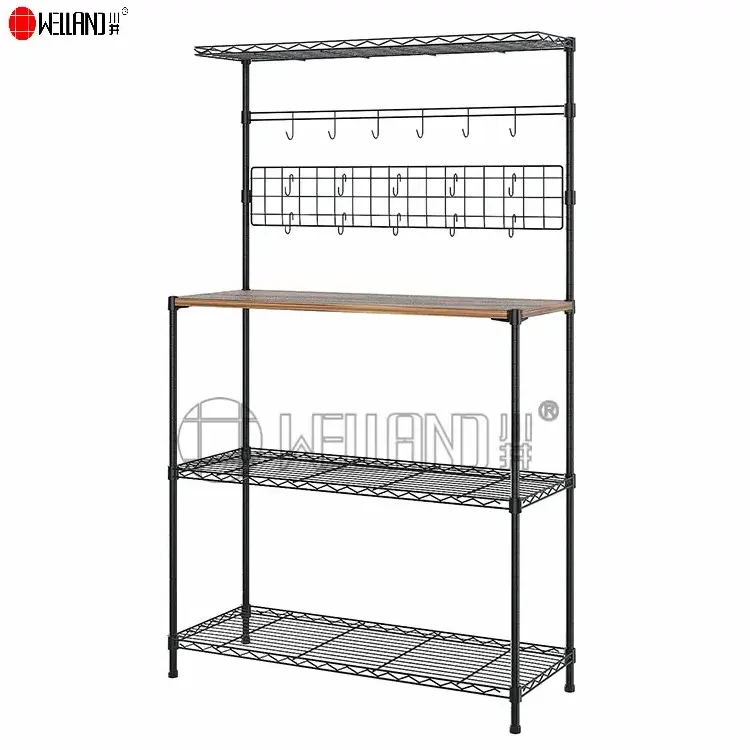 Multifunctional 4-Tier Microwave Oven Coffee Bar Kitchen Hutch Utility Storage Shelf with Tapered Square Back shelf