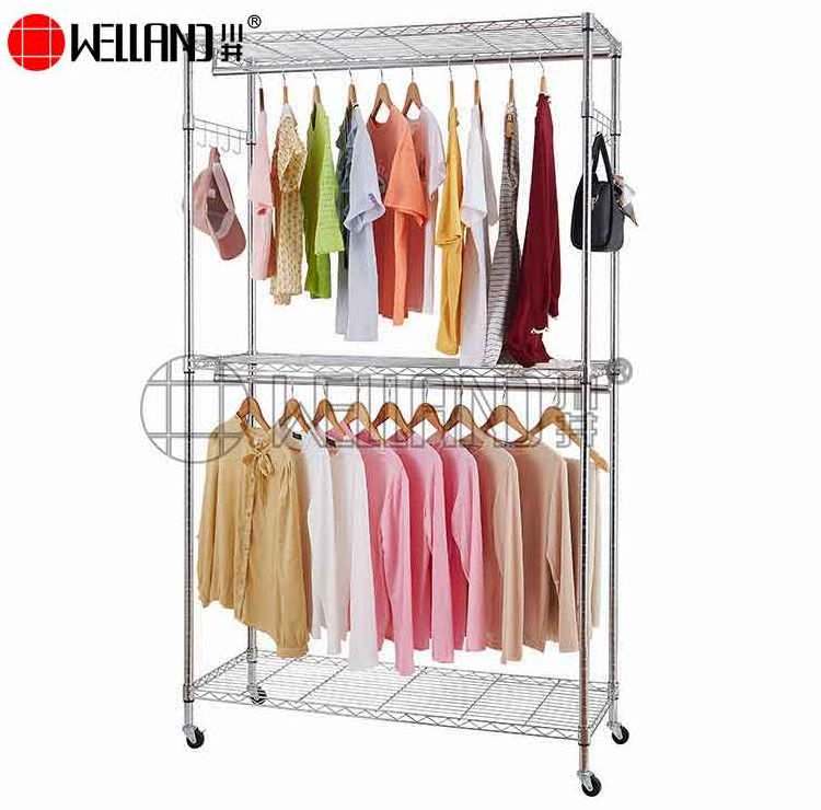 3 Tiers Chrome Garment Rack Adjustable Wire Shelving Clothes Rack With Double Rods And Side Hooks