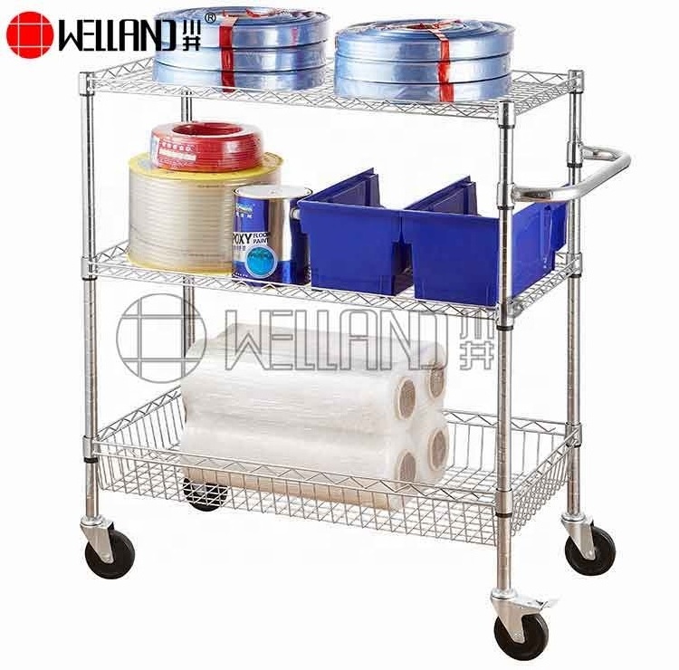 Rolling 3 Tiers Chrome Wire Utility Cart Modern Retail Restaurant Shelving Rack Trolley