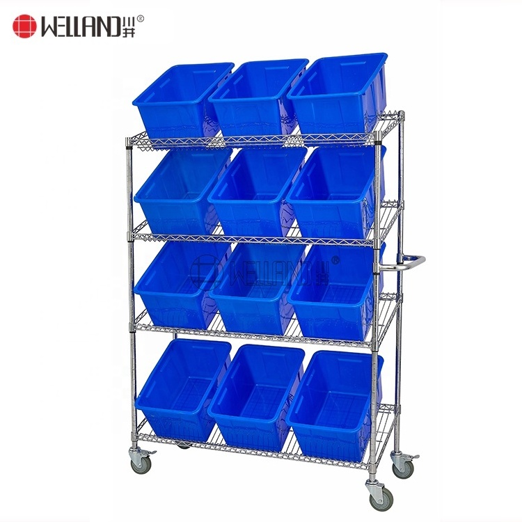 Utility Commercial Kitchen Slanted Order Picking Shelving Cart Trolley, NSF Wire Shelf Bin Organizers