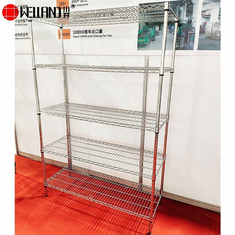 OEM or ODM 5 Tiers Commercial Kitchen Storage Rack Chrome Heavy Duty Wire Shelving Units Manufacturer