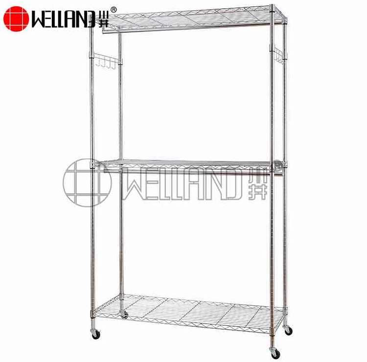 3 Tiers Chrome Garment Rack Adjustable Wire Shelving Clothes Rack With Double Rods And Side Hooks