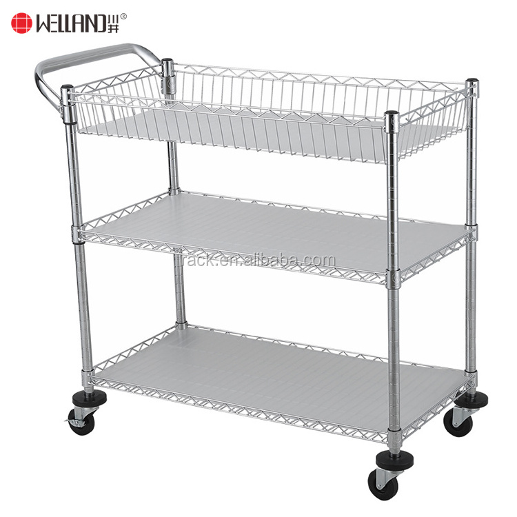 Rolling 3 Tiers Chrome Wire Utility Cart Modern Retail Restaurant Shelving Rack Trolley