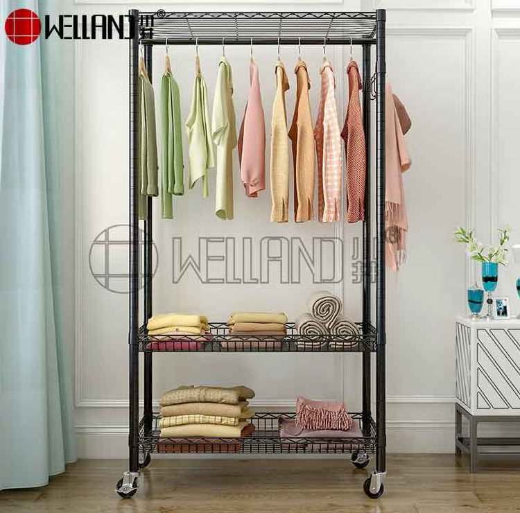 Multifunction Black Shelf Rolling Garment 3 Tiers Adjustable Wire Shelving Movable Metal Clothing Display Rack with Wheels