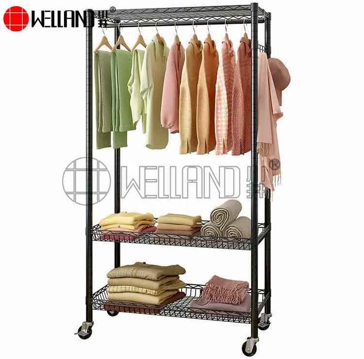 Multifunction Black Shelf Rolling Garment 3 Tiers Adjustable Wire Shelving Movable Metal Clothing Display Rack with Wheels