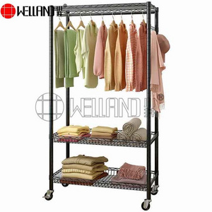 Multifunction Black Shelf Rolling Garment 3 Tiers Adjustable Wire Shelving Movable Metal Clothing Display Rack with Wheels