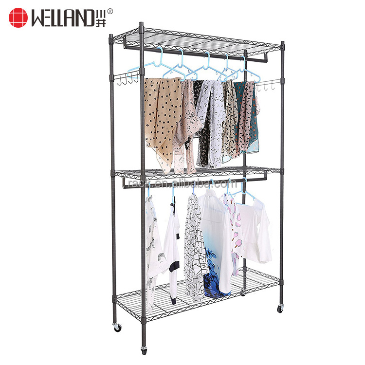 Commercial Grade 3 Tiers Heavy Duty Clothing Garment Rack with Wheels and Side Hooks