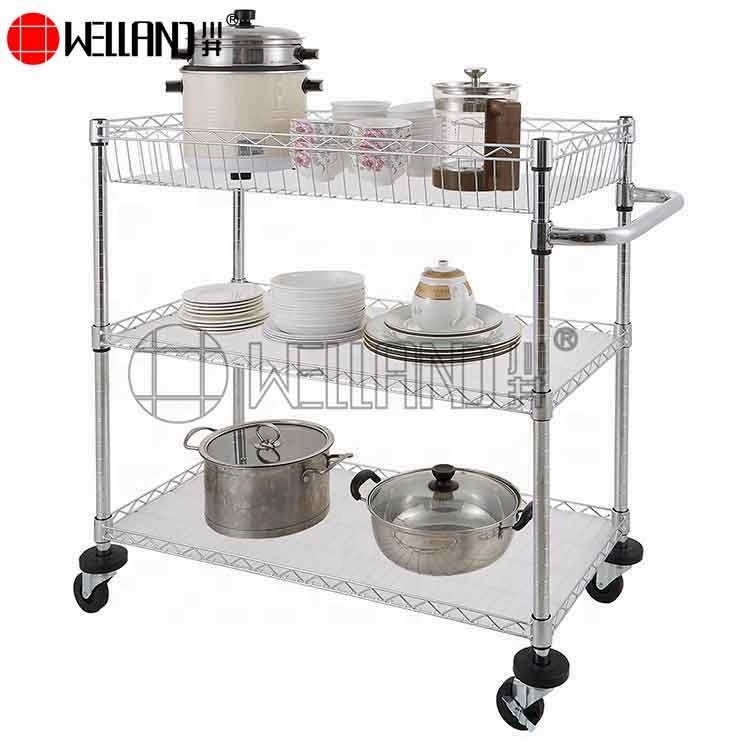 Rolling 3 Tiers Chrome Wire Utility Cart Modern Retail Restaurant Shelving Rack Trolley