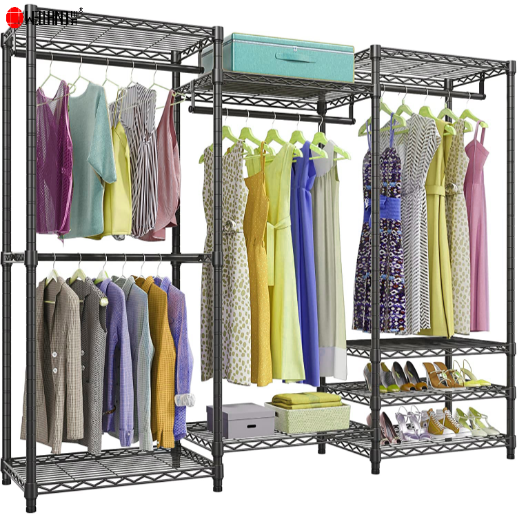 Portable Closet Wardrobe Display Metal Heavy Duty Clothes Clothing Rack With Shelves