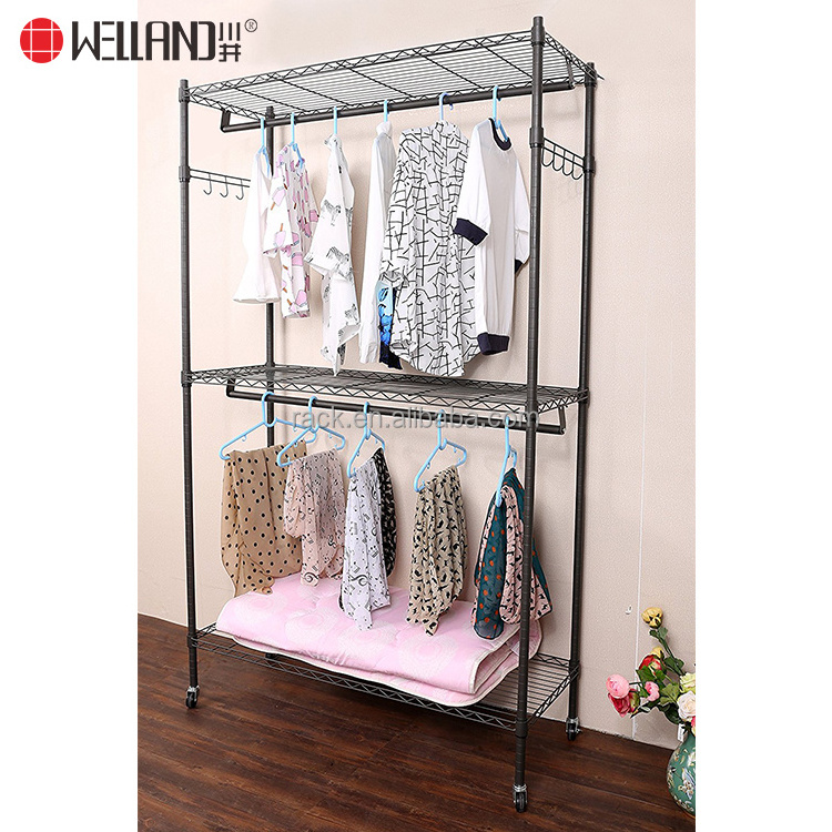 Commercial Grade 3 Tiers Heavy Duty Clothing Garment Rack with Wheels and Side Hooks