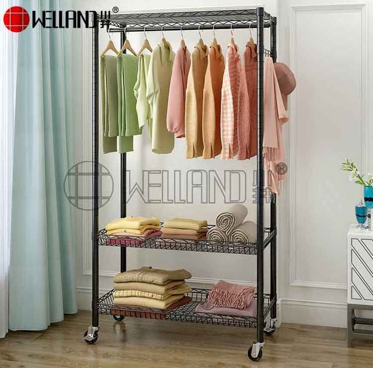 Multifunction Black Shelf Rolling Garment 3 Tiers Adjustable Wire Shelving Movable Metal Clothing Display Rack with Wheels