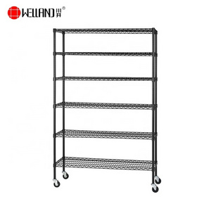 Hot Sale Commercial 6 Tier Epoxy Coating Black Heavy Duty Wire Shelving With Wheels