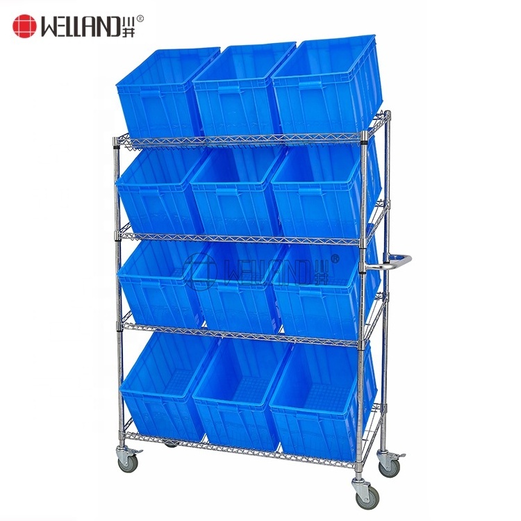 Utility Commercial Kitchen Slanted Order Picking Shelving Cart Trolley, NSF Wire Shelf Bin Organizers