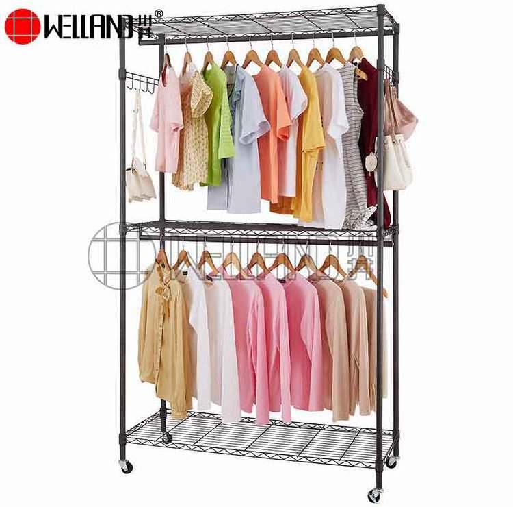 3 Tiers Chrome Garment Rack Adjustable Wire Shelving Clothes Rack With Double Rods And Side Hooks