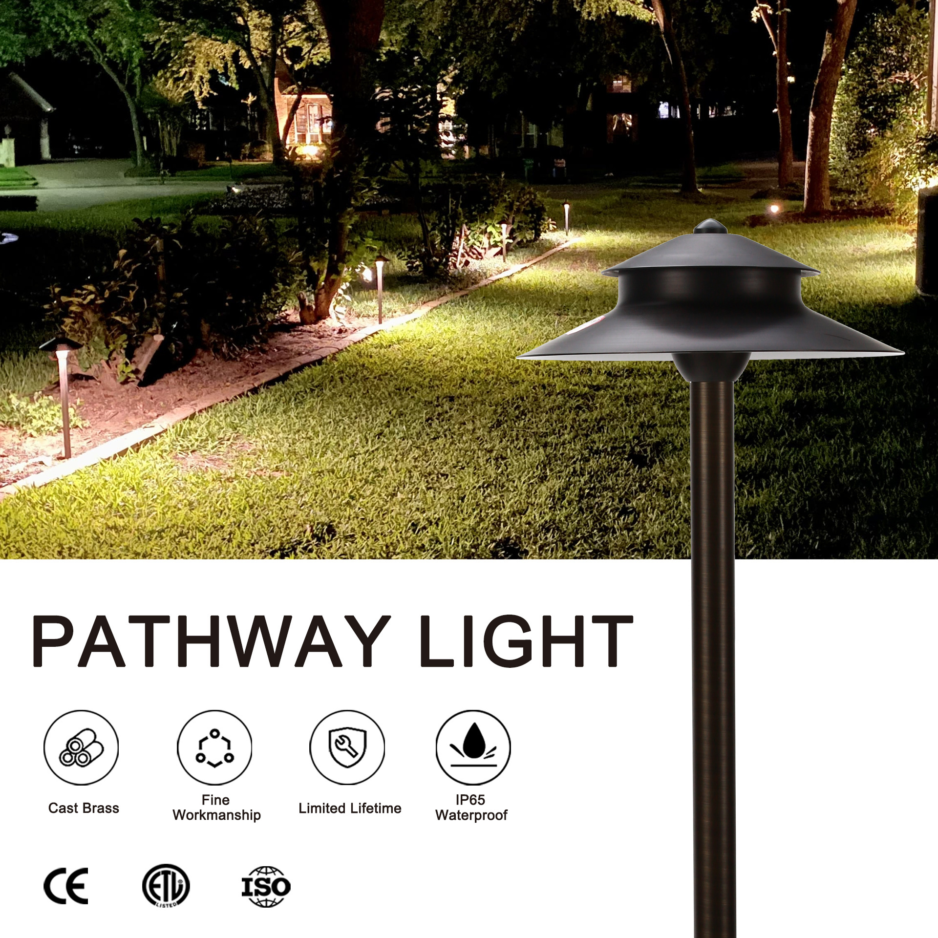 8.3 inch double layer hat brass Path Light fixture  with 24 inch brass post and ABS stake for garden path way lighting