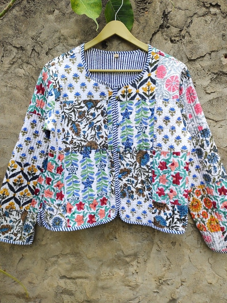 Multi white color hand stitched Kantha Jacket Coat Indian Handmade Quilted patchwork Patchwork Kimono Indian Handmade Jackets