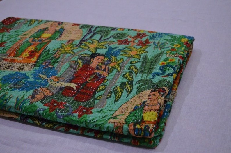 Frida Kahlo Printed Cotton Quilted Blanket Indian Queen Handmade Bedspread Kantha Work Bohemian Bed Decor Throw Blanket, Kantha