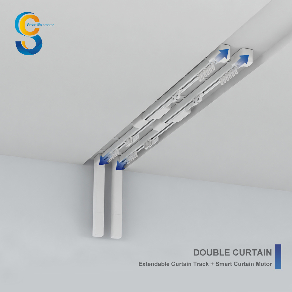 S Fold Double Omponents Ceiling Brackets Extendable Length 1.69-4m Motorized Battery Drive Curtain Track Rail Pulley System