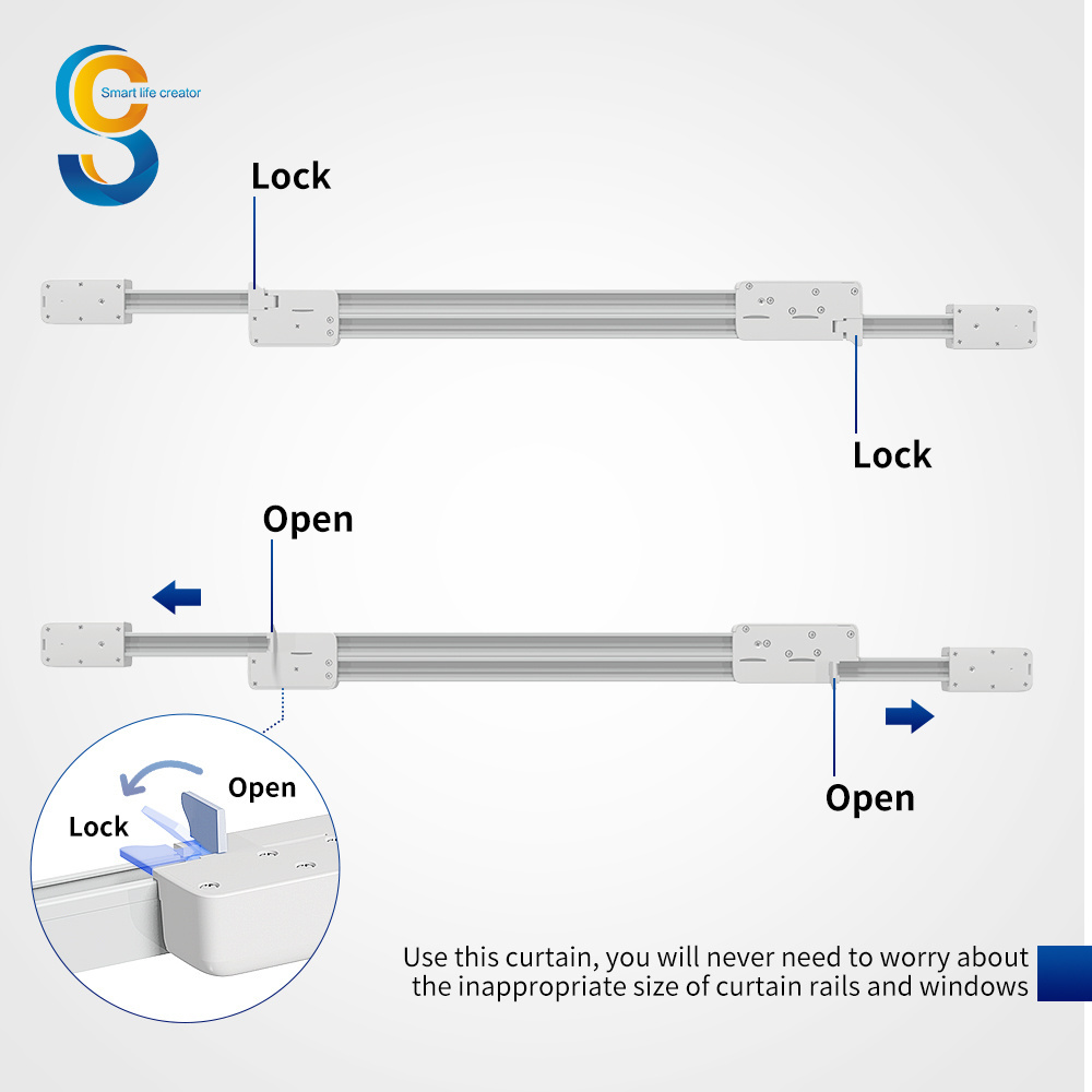 S Fold Double Omponents Ceiling Brackets Extendable Length 1.69-4m Motorized Battery Drive Curtain Track Rail Pulley System