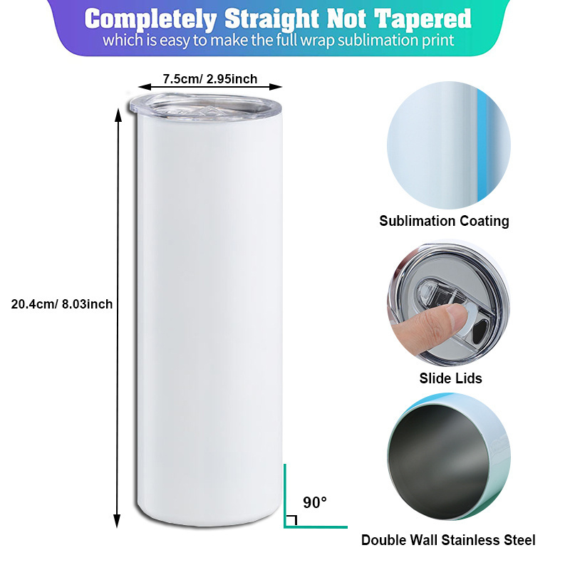 Wholesale Bulk 20 oz Straight Stainless Steel Cup 20oz Skinny Sublimation Tumblers with Lid and Straw