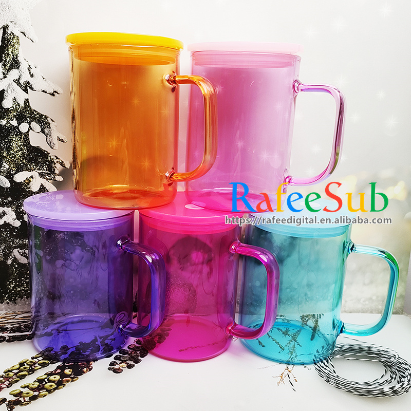 Wholesale Bulk 17oz 17 oz Colored Jelly Candy Colorful Clear Blank Sublimation Glass Coffee Mug with Handle and PP Plastic Lid