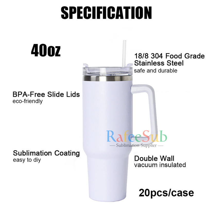 USA Warehouse 40oz 40 oz Stainless Steel 40 Ounce Insulated Coffee Travel Cup Mug White Blanks Sublimation Tumbler with Handle