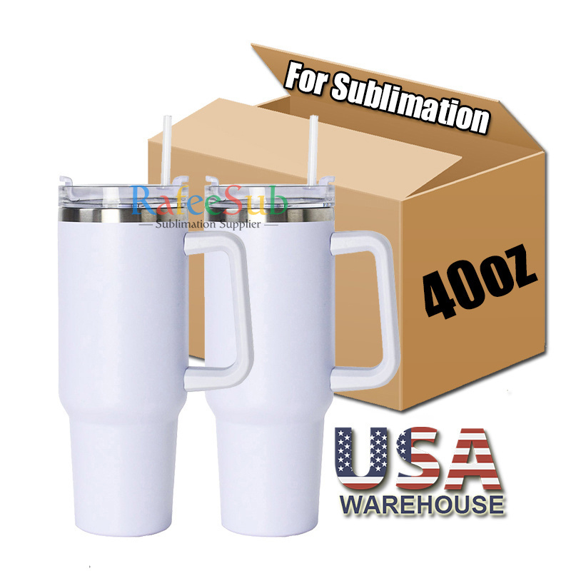 USA Warehouse 40oz 40 oz Stainless Steel 40 Ounce Insulated Coffee Travel Cup Mug White Blanks Sublimation Tumbler with Handle