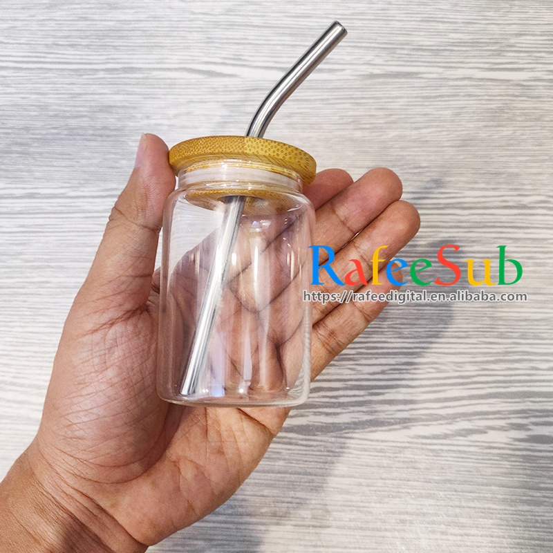 Bulk 3.5oz 3.5 oz Mini Clear Frosted Blank Sublimation Glass Can with Reusable Bamboo Lid and Bent Metal Stainless Steel Straw