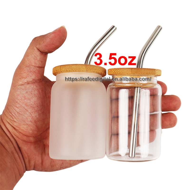 Bulk 3.5oz 3.5 oz Mini Clear Frosted Blank Sublimation Glass Can with Reusable Bamboo Lid and Bent Metal Stainless Steel Straw