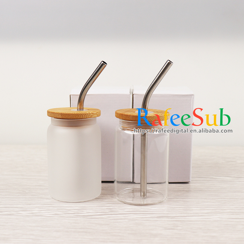 Bulk 3.5oz 3.5 oz Mini Clear Frosted Blank Sublimation Glass Can with Reusable Bamboo Lid and Bent Metal Stainless Steel Straw