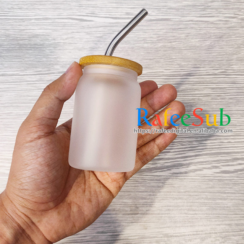 Bulk 3.5oz 3.5 oz Mini Clear Frosted Blank Sublimation Glass Can with Reusable Bamboo Lid and Bent Metal Stainless Steel Straw