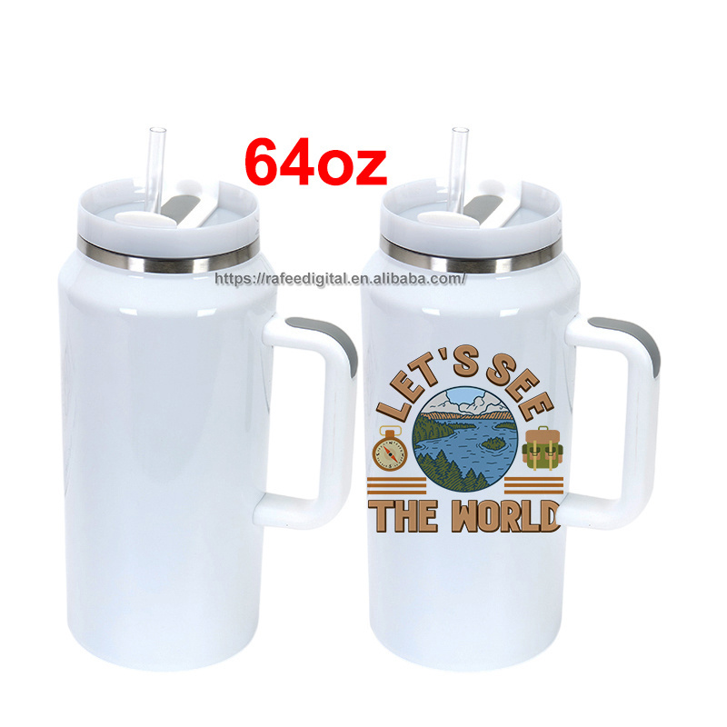 64oz 64 oz Travel Quencher Double Wall Vacuum Insulated Stainless Steel White Blank Sublimation Water Jug Bottle with Handle