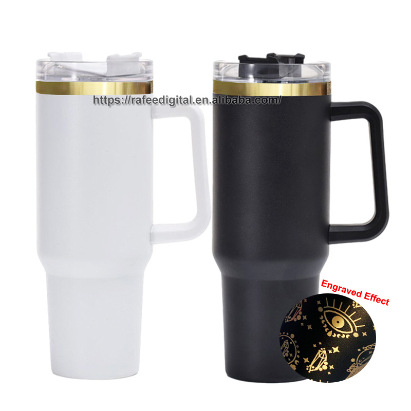 40oz 40 oz Powder Coated White Black and Gold Plated Etch Laser Engraved Effect Insulated Stainless Steel Tumbler with Handle