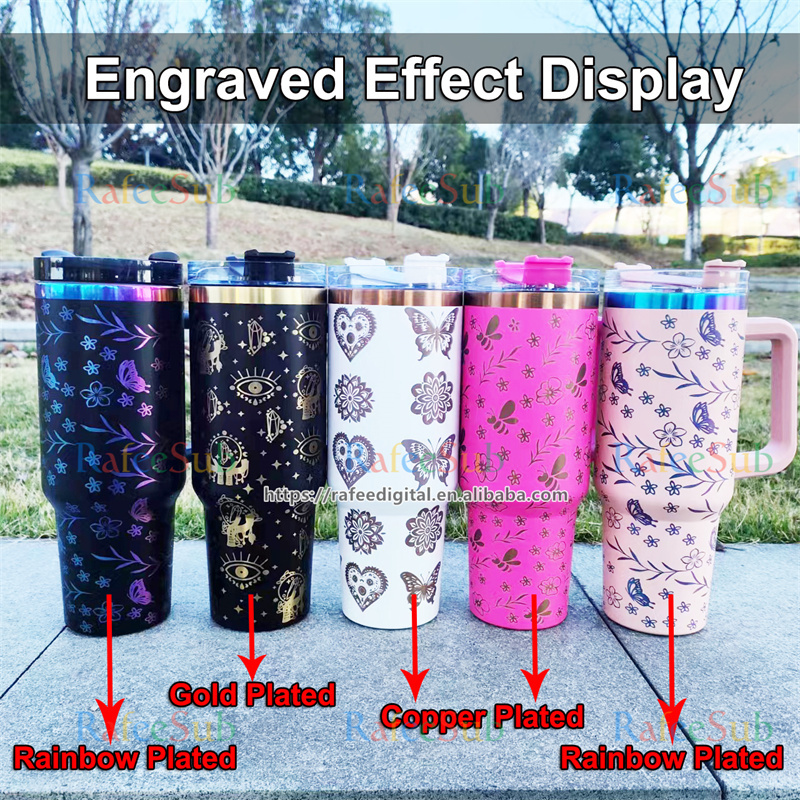 40oz 40 oz Powder Coated White Black and Gold Plated Etch Laser Engraved Effect Insulated Stainless Steel Tumbler with Handle