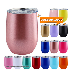 Custom Printing Logo 12oz 12 oz Glossy Insulated Thermal Egg Shape Stainless Steel Stemless Wine Tumbler Cup with Lid and Straw