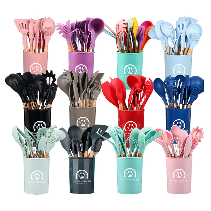 11Pcs/set Heat Resistant Wood Handles Non-Stick Silicone Kitchen Accessories Cooking Tools Serving Utensils Set Wit Design Print