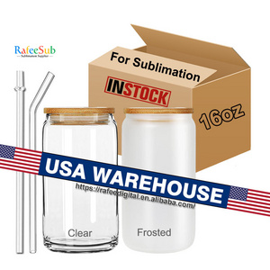 USA Warehouse 16oz 16 oz Clear Frosted Blanks Sublimation Tumbler Mug Cup 16 Ounce Beer Glass Can with Bamboo Lids and Straw