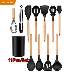 11Pcs/set Heat Resistant Wood Handles Non-Stick Silicone Kitchen Accessories Cooking Tools Serving Utensils Set Wit Design Print