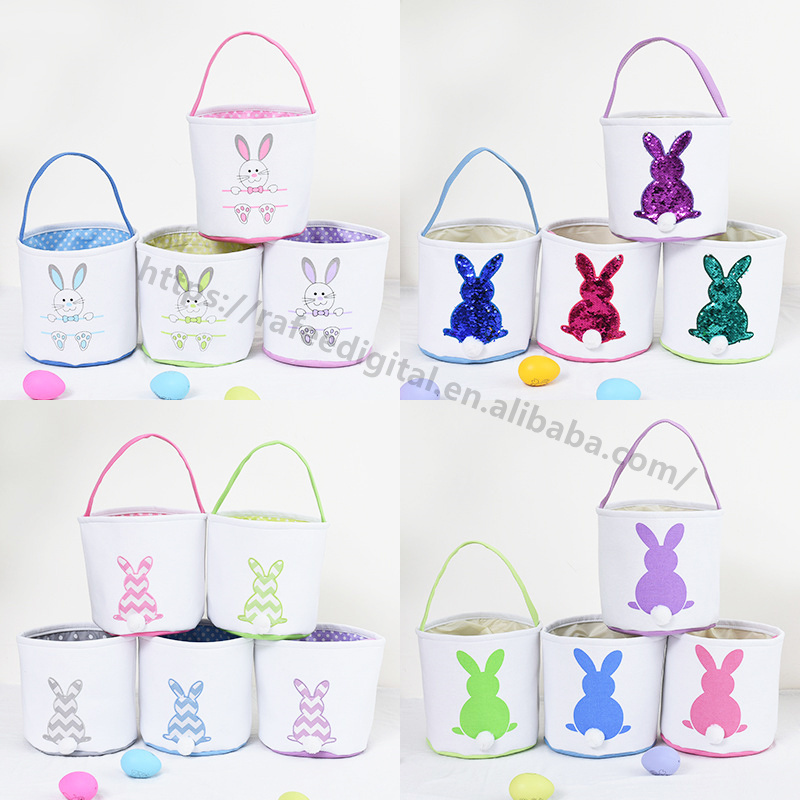 Wholesale 2023 DIY Personalized Girls Kids Gift Blank Sublimation Tote Canvas Linen Bag Easter Egg Bunny Ear Baskets with Handle