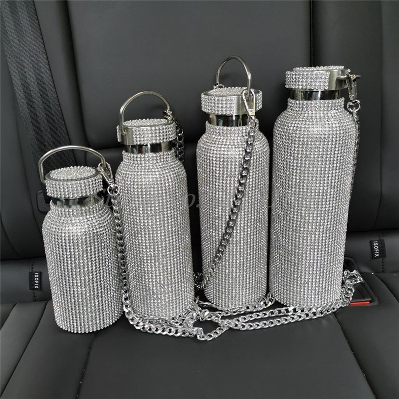 Designer Luxury Rainbow Black Sparkling Bling Diamond Color Rhinestone Crystal Drink Stainless Steel Water Bottles With Chain