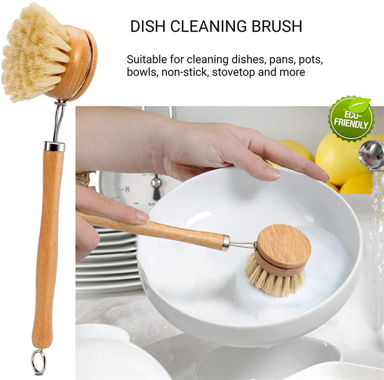 Zero Waste Bamboo Beachwood Beech Wood Palm Pan Pot Brush Sustainable Scrubber Kitchen Cleaning Dish Wash Scrub Brush Set Kit