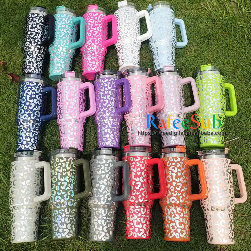 Wholesale Bulk Custom 40oz 40 oz Holographic Leopard Cheetah Print Double Wall Insulated Stainless Steel Tumbler Cup with Handle