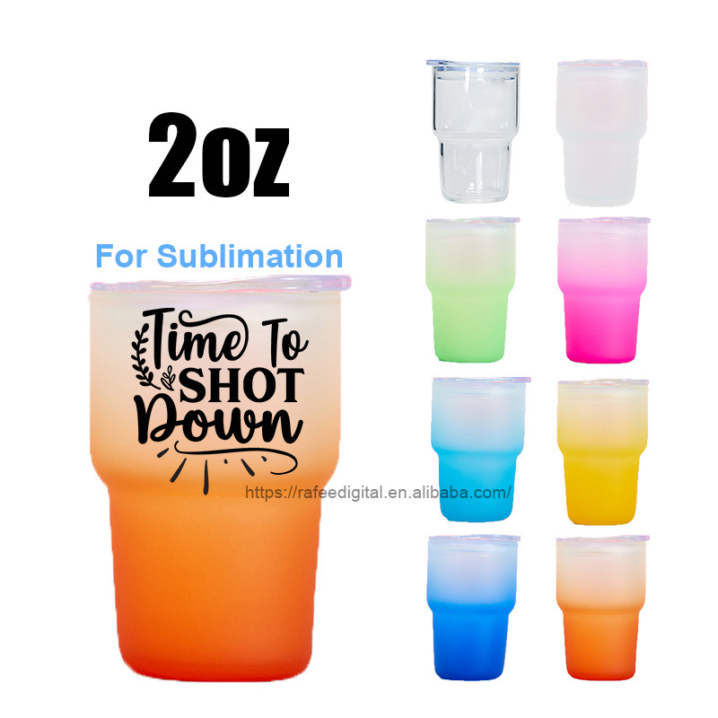 Hot Sales 2oz 2 oz Miniature Shot Glass Clear Frosted Ombre Gradient Blank Sublimation Mini Glass Tumbler Cup with Straw and Lid