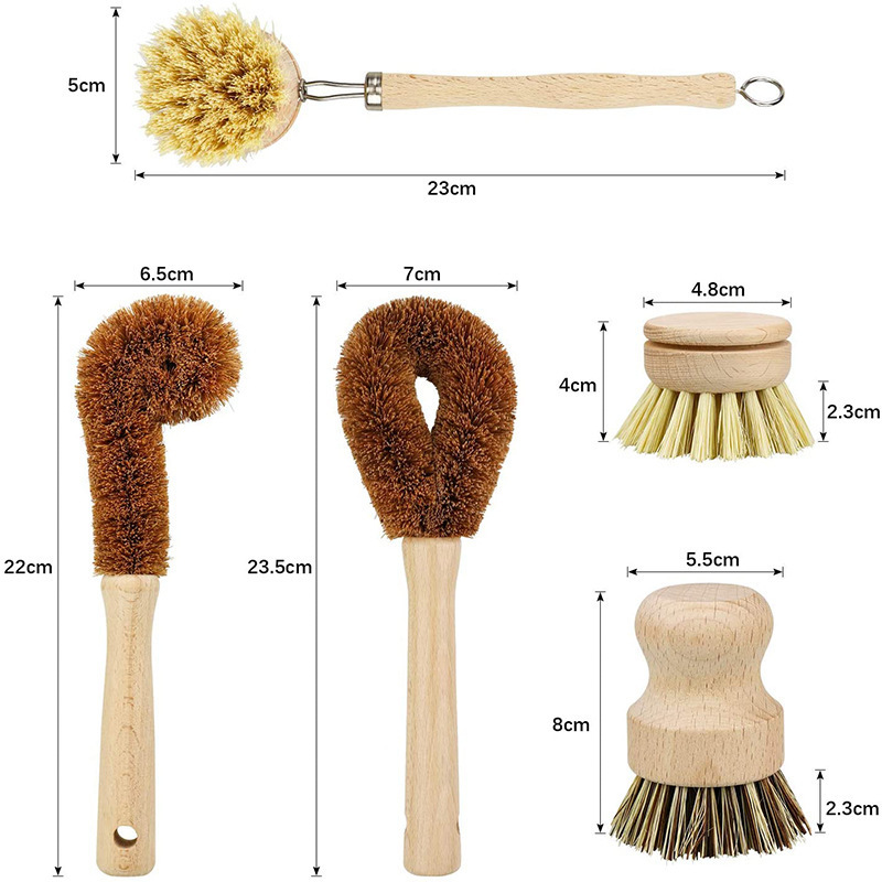 Zero Waste Bamboo Beachwood Beech Wood Palm Pan Pot Brush Sustainable Scrubber Kitchen Cleaning Dish Wash Scrub Brush Set Kit