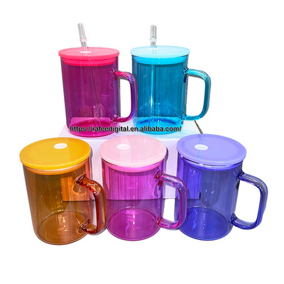 Wholesale Colored High Borosilicate 15oz 15 oz Blank Sublimation Glass Beer Coffee Mug Cup with Handle and Color Plastic Lids