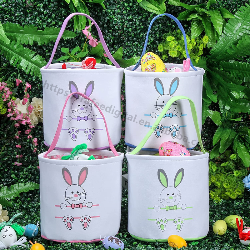 Wholesale 2023 DIY Personalized Girls Kids Gift Blank Sublimation Tote Canvas Linen Bag Easter Egg Bunny Ear Baskets with Handle