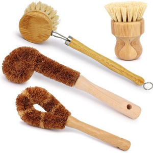 Zero Waste Bamboo Beachwood Beech Wood Palm Pan Pot Brush Sustainable Scrubber Kitchen Cleaning Dish Wash Scrub Brush Set Kit