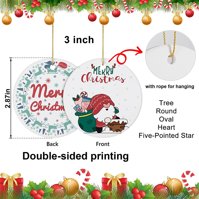 Bulk Easy DIY Personalized Photo Pattern Flat Christmas Santa Tree Hanging Decoration White Blanks Sublimation Ceramic Ornaments